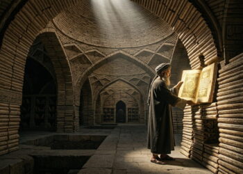 A wide-angle symbolic depiction of an elderly Muslim scholar in an 8th-century library, actively building a new synthesis using a structural foundation of Syriac-language knowledge.