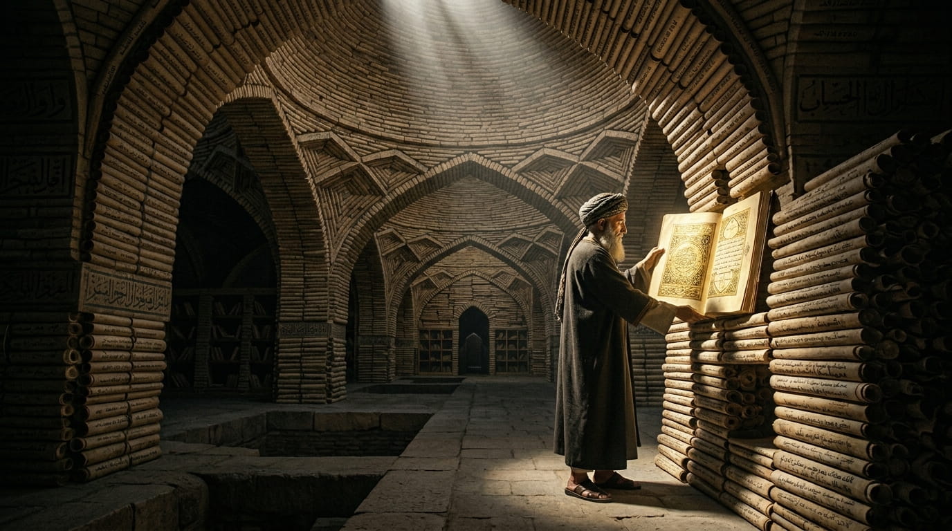 A wide-angle symbolic depiction of an elderly Muslim scholar in an 8th-century library, actively building a new synthesis using a structural foundation of Syriac-language knowledge.